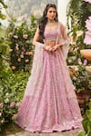 Buy_SurabhiChopraLabel_Pink Raw Silk Embroidered Thread Work V Floral Bridal Lehenga Set  _at_Aza_Fashions