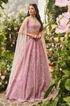 Shop_SurabhiChopraLabel_Pink Raw Silk Embroidered Thread Work V Floral Bridal Lehenga Set  _at_Aza_Fashions