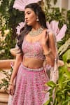 SurabhiChopraLabel_Pink Raw Silk Embroidered Thread Work V Neck Floral Bridal Lehenga Set_at_Aza_Fashions