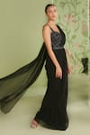 Sanjev Marwaaha_Black Georgette Embroidered Cutdana Work V Neck Pre-draped Jumpsuit Saree _Online_at_Aza_Fashions