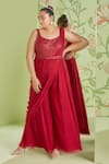 Buy_Sanjev Marwaaha_Red Georgette Embroidered Cutdana Work V Neck Pre-draped Jumpsuit Saree _at_Aza_Fashions