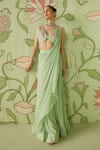 Buy_Sanjev Marwaaha_Green Georgette Embroidered Cutdana Work V Neck Pre-draped Saree With Blouse _at_Aza_Fashions