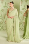 Buy_Sanjev Marwaaha_Green Georgette Embroidered Bead Work V Neck Floral Saree With Blouse _at_Aza_Fashions