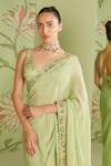 Sanjev Marwaaha_Green Georgette Embroidered Bead Work V Neck Floral Saree With Blouse _Online_at_Aza_Fashions