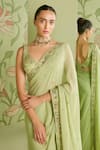 Buy_Sanjev Marwaaha_Green Georgette Embroidered Bead Work V Neck Floral Saree With Blouse _Online_at_Aza_Fashions