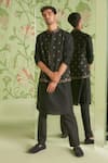 Buy_Sanjev Marwaaha_Black Cotton Silk Geometric Embroidered Bundi Kurta Set_at_Aza_Fashions