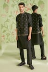 Shop_Sanjev Marwaaha_Black Cotton Silk Geometric Embroidered Bundi Kurta Set_at_Aza_Fashions