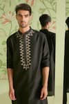 Sanjev Marwaaha_Black Cotton Silk Geometric Embroidered Bundi Kurta Set_Online_at_Aza_Fashions