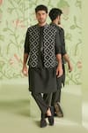 Buy_Sanjev Marwaaha_Black Cotton Silk Embroidered Mughal Pattern And Thread Jaali Bundi Kurta Set _at_Aza_Fashions