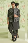 Shop_Sanjev Marwaaha_Black Cotton Silk Embroidered Mughal Pattern And Thread Jaali Bundi Kurta Set _at_Aza_Fashions