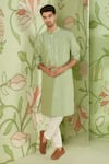 Buy_Sanjev Marwaaha_Green Cotton Silk Embroidered Thread Work Placket Bundi Kurta Set _at_Aza_Fashions