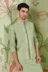 Sanjev Marwaaha_Green Cotton Silk Embroidered Thread Work Placket Bundi Kurta Set _Online_at_Aza_Fashions