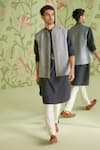 Buy_Sanjev Marwaaha_Grey Cotton Silk Embroidered Thread And Bead Geometric Bundi Kurta Set _at_Aza_Fashions