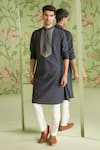 Shop_Sanjev Marwaaha_Grey Cotton Silk Embroidered Thread And Bead Geometric Bundi Kurta Set _at_Aza_Fashions