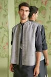 Buy_Sanjev Marwaaha_Grey Cotton Silk Embroidered Thread And Bead Geometric Bundi Kurta Set _Online_at_Aza_Fashions