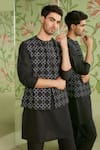 Shop_Sanjev Marwaaha_Black Cotton Silk Embroidered Thread And Bead Geometric Bundi Kurta Set _at_Aza_Fashions