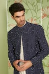 Buy_Sanjev Marwaaha_Blue Cotton Silk Embroidered Sequins And Beads Geometric Long Jacket Kurta Set _Online_at_Aza_Fashions