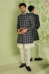 Buy_Sanjev Marwaaha_Blue Cotton Silk Bead And Sequin, Embroidered Geometric Sherwani Set _at_Aza_Fashions