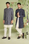Sanjev Marwaaha_Blue Cotton Silk Bead And Sequin, Embroidered Geometric Sherwani Set _Online_at_Aza_Fashions