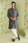 Buy_Sanjev Marwaaha_Grey Cotton Silk Embroidered Sequin Geometric Long Jacket Kurta Set For Men_at_Aza_Fashions