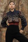 Bhanuni By Jyoti_Black Viscose Floral Shirt Collar Print Blouse _Online_at_Aza_Fashions