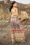 Shop_Bhanuni By Jyoti_Yellow Viscose Embroidered Sequin Work Halter Neck Abstract Print Maxi Dress _at_Aza_Fashions