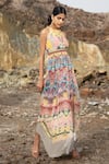 Bhanuni By Jyoti_Yellow Viscose Embroidered Sequin Work Halter Neck Abstract Print Maxi Dress _Online_at_Aza_Fashions