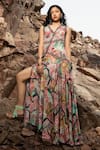 Buy_Bhanuni By Jyoti_Green Viscose Abstract Print V Neck Maxi Dress _at_Aza_Fashions