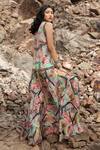 Shop_Bhanuni By Jyoti_Green Viscose Abstract Print V Neck Maxi Dress _at_Aza_Fashions