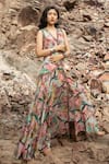 Bhanuni By Jyoti_Green Viscose Abstract Print V Neck Maxi Dress _Online_at_Aza_Fashions