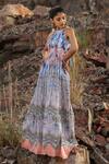 Bhanuni By Jyoti_Blue Viscose Floral Halter Neck Bloom Printed Maxi Dress _Online_at_Aza_Fashions