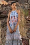 Buy_Bhanuni By Jyoti_Blue Viscose Floral Halter Neck Bloom Printed Maxi Dress _Online_at_Aza_Fashions
