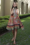 Buy_Bhanuni By Jyoti_Brown Viscose Floral Halter Neck Sundown Printed Dress _at_Aza_Fashions