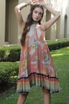 Shop_Bhanuni By Jyoti_Brown Viscose Floral Halter Neck Sundown Printed Dress _Online_at_Aza_Fashions
