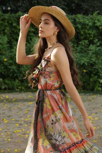 Shop_Bhanuni By Jyoti_Brown Viscose Floral V Neck Sundown Printed Layered Dress _at_Aza_Fashions