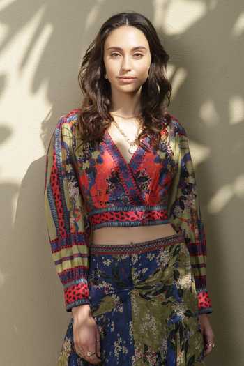 Buy_Bhanuni By Jyoti_Green Viscose Floral, Geometric V Neck Paradise Forest Printed Wrap Blouse _at_Aza_Fashions