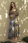 Buy_Bhanuni By Jyoti_Green Viscose Floral V Neck Paradise Forest Print Dress _at_Aza_Fashions