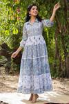 Buy_Bairaas_Blue Mulmul And Embroidery Floral & Sequin Spread Collar Maxi Dress_at_Aza_Fashions