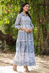 Bairaas_Blue Mulmul And Embroidery Floral & Sequin Spread Collar Maxi Dress_Online_at_Aza_Fashions