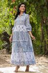 Shop_Bairaas_Blue Mulmul And Embroidery Floral & Sequin Spread Collar Maxi Dress_Online_at_Aza_Fashions