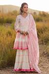 Buy_Bairaas_Pink Mulmul And Embroidery Hand Block V Neck Angrakha Sharara Set_at_Aza_Fashions