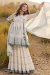 Buy_Bairaas_Grey Mulmul And Embroidery Hand Block V Neck Angrakha Sharara Set_at_Aza_Fashions