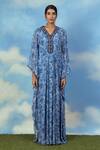 Shop Adi By Aditya Khandelwl Blue Georgette Digital Print, Pearl And Thread V Neck Floral Kaftan at Aza Fashions Shop_Adi By Aditya Khandelwl_Blue Georgette Digital Print, Pearl And Thread V Neck Floral Kaftan _at_Aza_Fashions