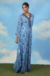 Adi By Aditya Khandelwl Blue Georgette Digital Print, Pearl And Thread V Neck Floral Kaftan Online at Aza Fashions Adi By Aditya Khandelwl_Blue Georgette Digital Print, Pearl And Thread V Neck Floral Kaftan _Online_at_Aza_Fashions