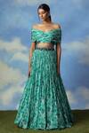 Buy_Adi By Aditya Khandelwl_Green Georgette Digital Print, Pearl And Thread One Off Crop Top & Skirt Set_at_Aza_Fashions