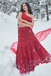 Buy_Sonaakshi Raaj_Red Swiss Net Embroidery Bead Asymmetric Lehenga With Blouse _at_Aza_Fashions