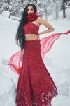 Shop_Sonaakshi Raaj_Red Swiss Net Embroidery Bead Asymmetric Lehenga With Blouse _at_Aza_Fashions