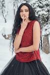 Sonaakshi Raaj_Red Swiss Net Cutwork Jacket And Skirt Set_Online_at_Aza_Fashions