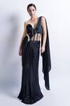 Buy_Sonaakshi Raaj_Black Velvet Embroidery Crystal Sweetheart Neck Pleated Saree Gown  _Online_at_Aza_Fashions