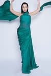 Sonaakshi Raaj_Green Silk Satin Halter Neck Draped Gown_Online_at_Aza_Fashions